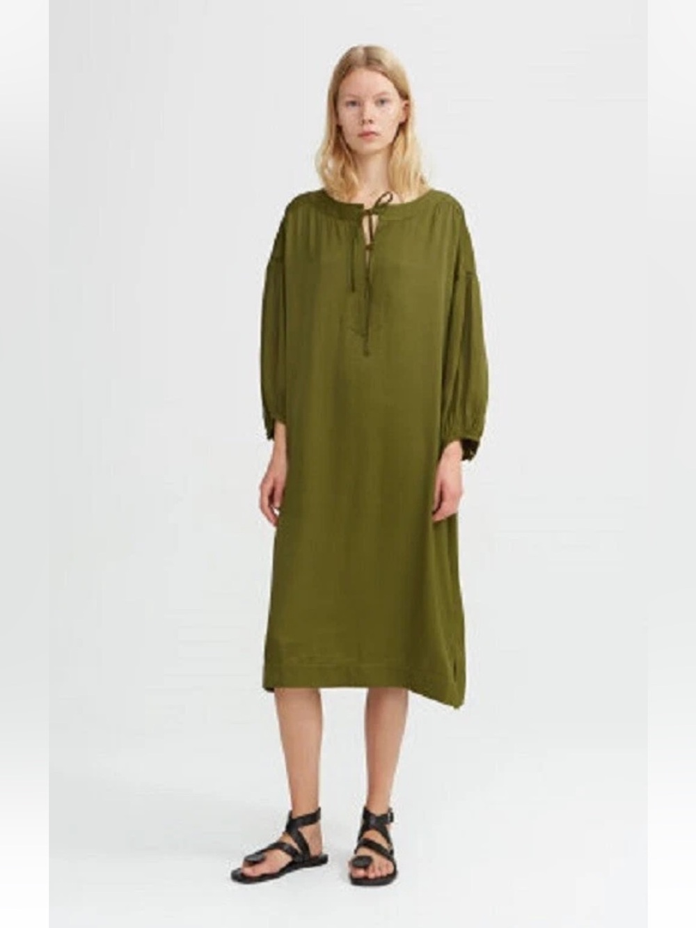RODEBJER Green Liquid Satin Fluid Neck-Tie Tunic Kaftan Shift Dress size S
